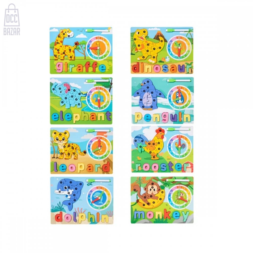 2-in-1 Wooden Educational Toy - Drawing, Spelling, Animal, Time, Montessori