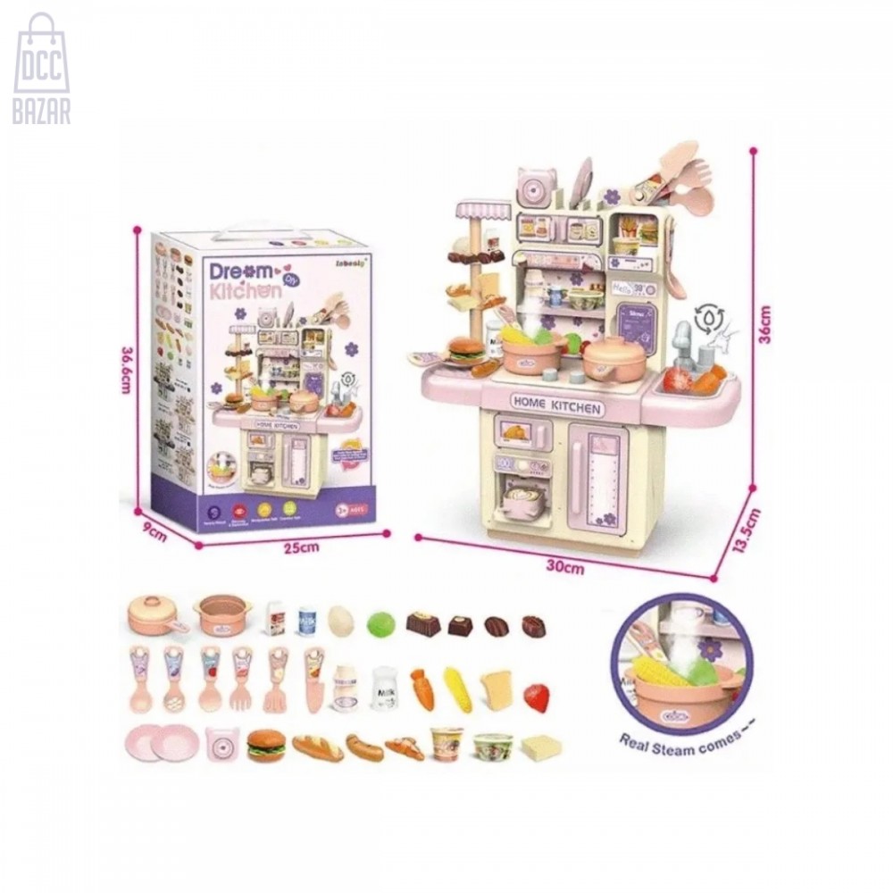 39-Piece Mini Kitchen Playset with Realistic Steam & Light Effects! Pretend Play Food, Utensils for Kids Ages 3+ (Purple)