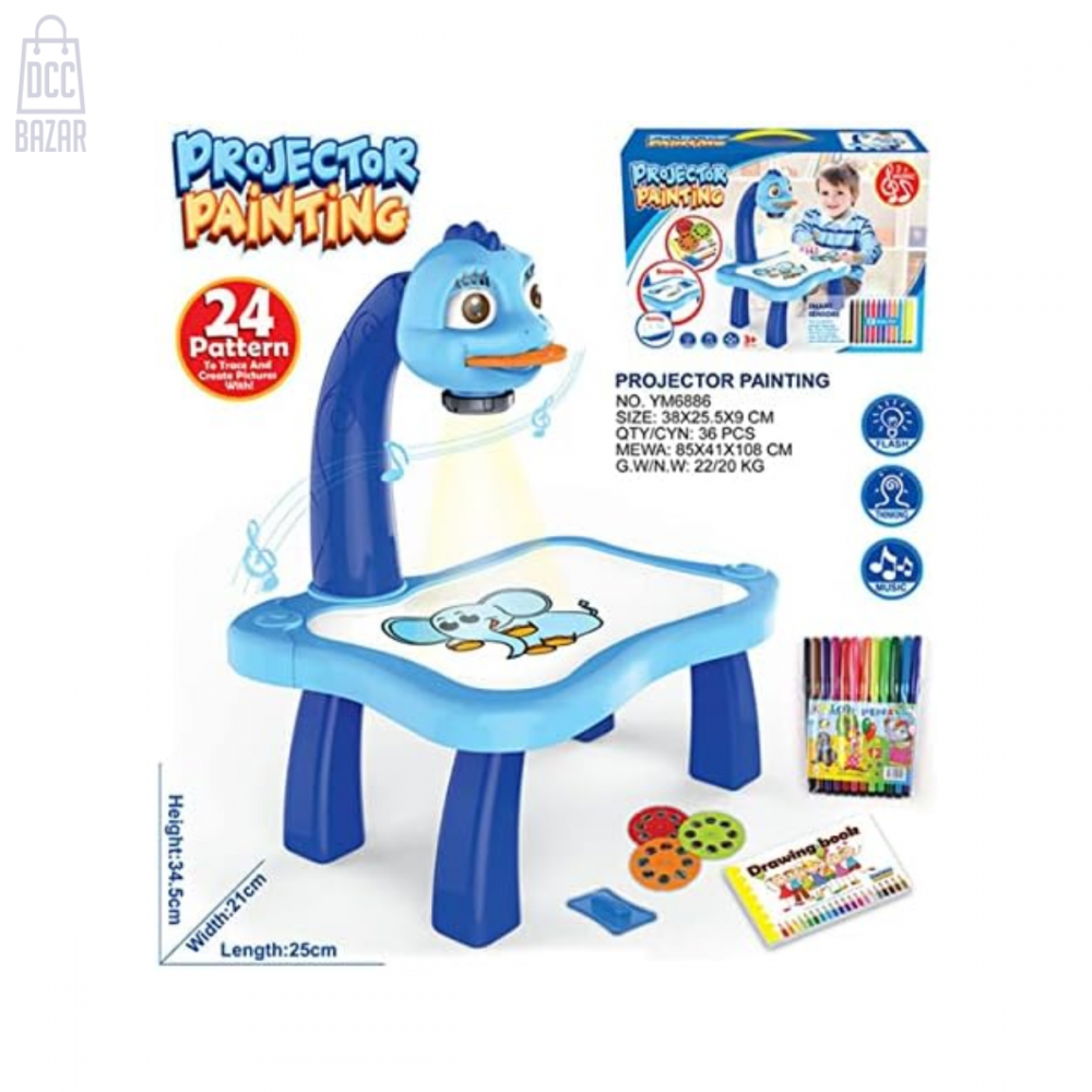 Kids Projector Drawing Table - Learning Art Toy with Projector & Projector Slides - Ages 3-8 (Blue)