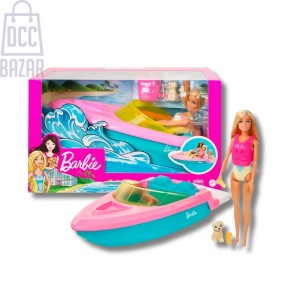 Barbie GRG30 Floating Boat Playset with Brunette Doll, Puppy & Accessories